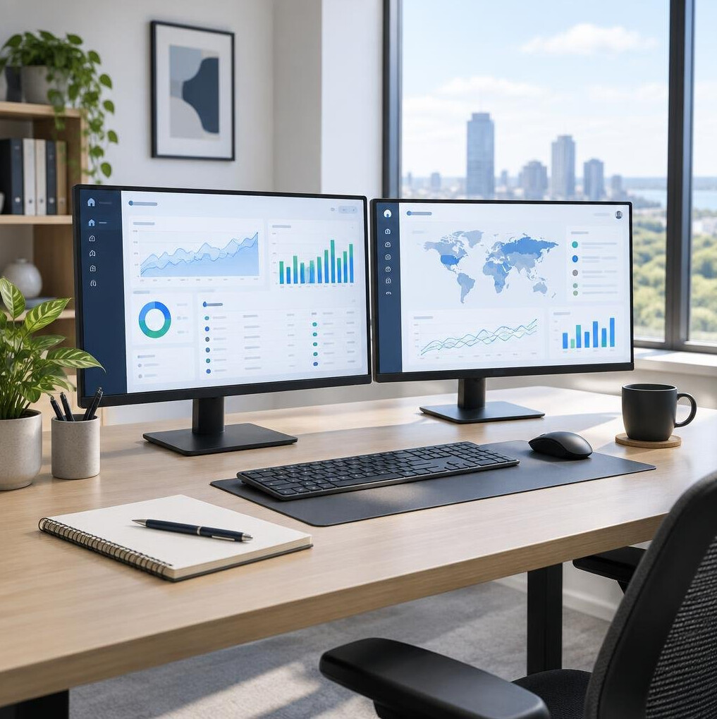 Modern office workspace with computer monitors