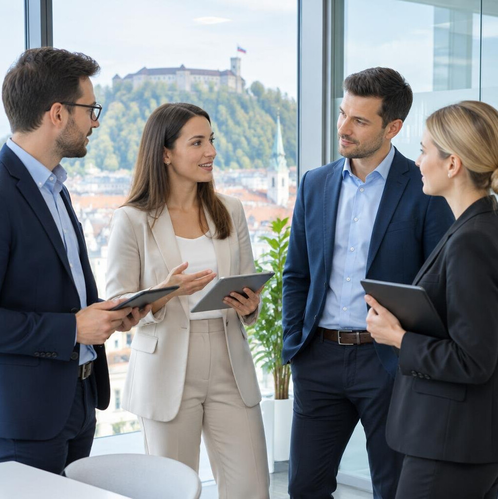 Team members discussing a project in a bright meeting room