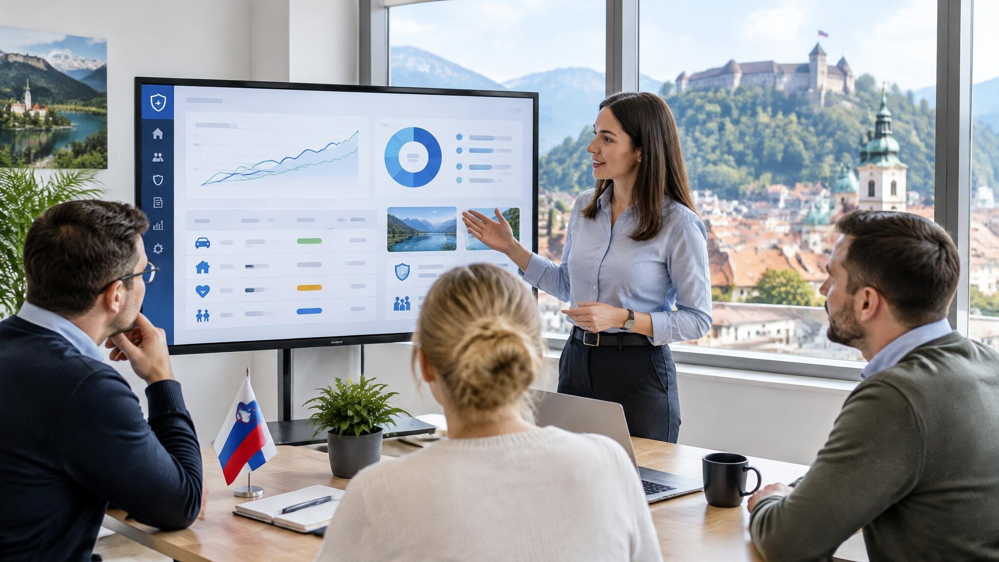 Team reviewing insurance software dashboard in a modern office