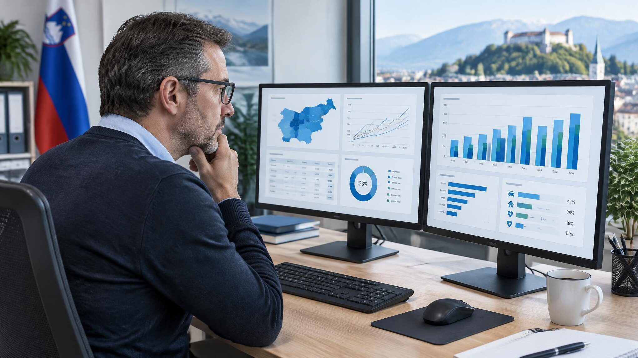 Analyst reviewing insurance risk statistics on multiple screens