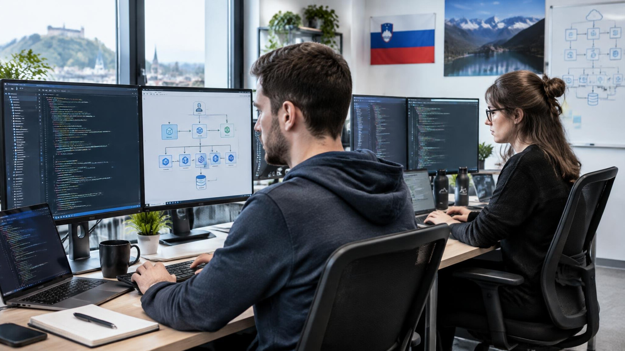 Software developers writing code for an insurance platform